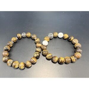 Natural Tiger Eye Stone Bead Bracelets Lot 2 Stretch Mens Unisex